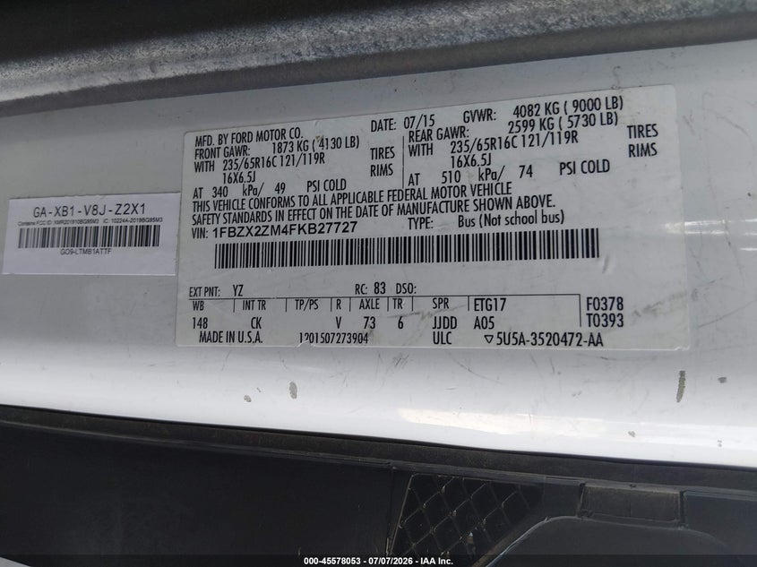 2015 Ford Transit-350 VIN 1FBZX2ZM4FKB27727 IAAI salvage auction — NORMAL WEAR, Sf97 (New Mexico), sold $12,250 on 2026-09-02 (photo 9)