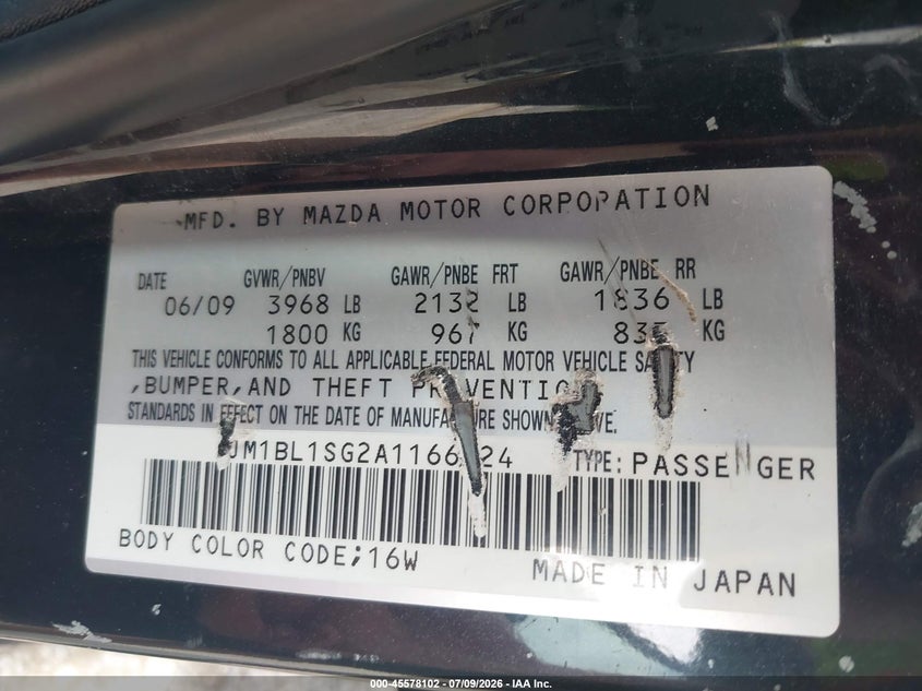 2010 Mazda 3 VIN JM1BL1SG2A1166824 IAAI salvage auction — SIDE, Salvage (Ohio), sold $25 on 2026-07-27 (photo 9)