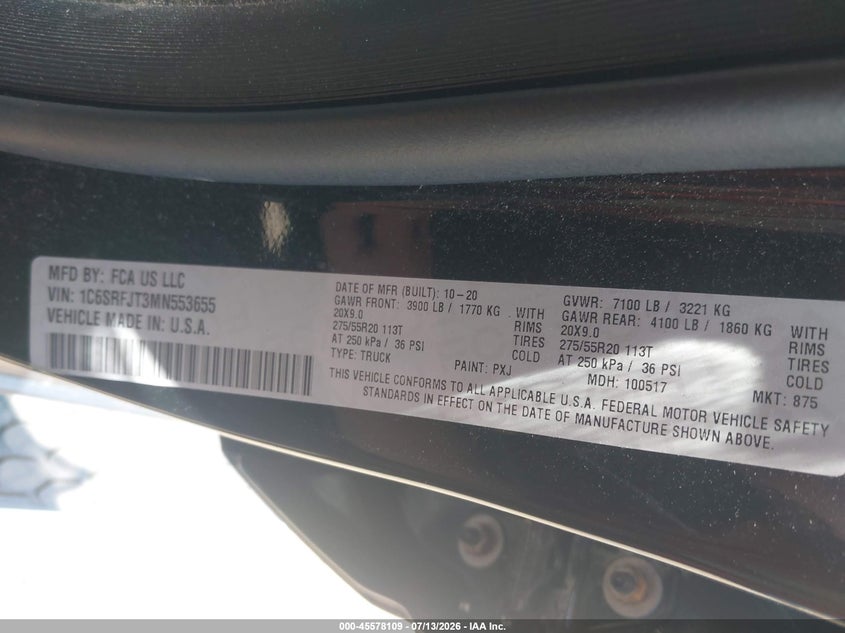 2021 Ram 1500 VIN 1C6SRFJT3MN553655 IAAI salvage auction — REAR END, Salvage Title, sold $11,300 on 2026-09-03 (photo 9)