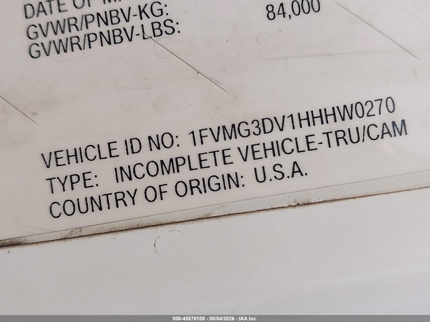2017 Freightliner 114sd VIN 1FVMG3DV1HHHW0270 IAAI salvage auction — REAR END, Clear (Illinois), sold $7,200 on 2026-09-09 (photo 9)