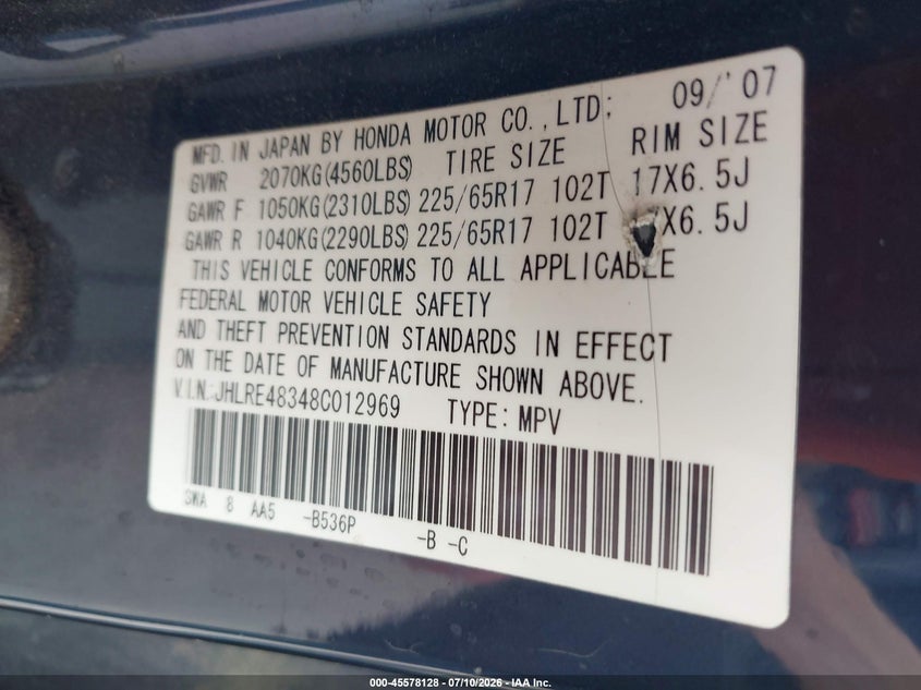 2008 Honda Cr-v VIN JHLRE48348C012969 IAAI salvage auction — NORMAL WEAR, Regular (South Dakota), sold $750 on 2026-07-28 (photo 9)