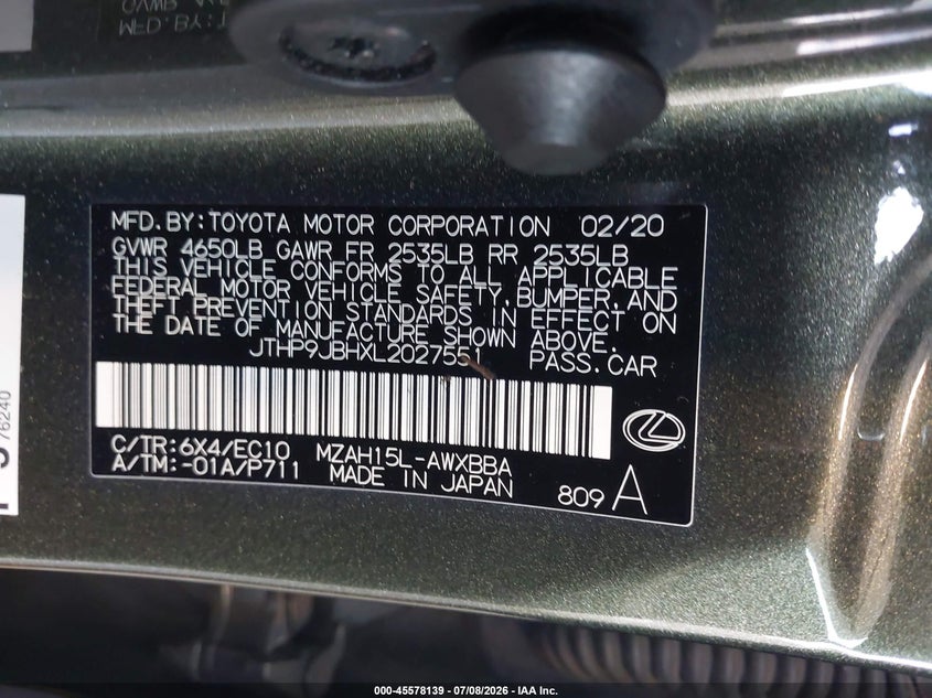2020 Lexus Ux VIN JTHP9JBHXL2027551 IAAI salvage auction — SUSPENSION, Rebuildable (Florida), sold $7,000 on 2026-07-29 (photo 9)
