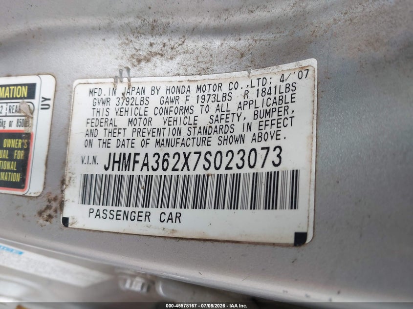 2007 Honda Civic hybrid VIN JHMFA362X7S023073 IAAI salvage auction — FRONT END, Salvage (Louisiana), sold $425 on 2026-07-22 (photo 9)