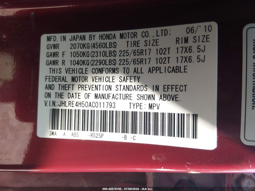 2010 Honda Cr-v VIN JHLRE4H50AC011793 IAAI salvage auction — NORMAL WEAR, Original (Vermont), sold $2,800 on 2026-07-14 (photo 9)