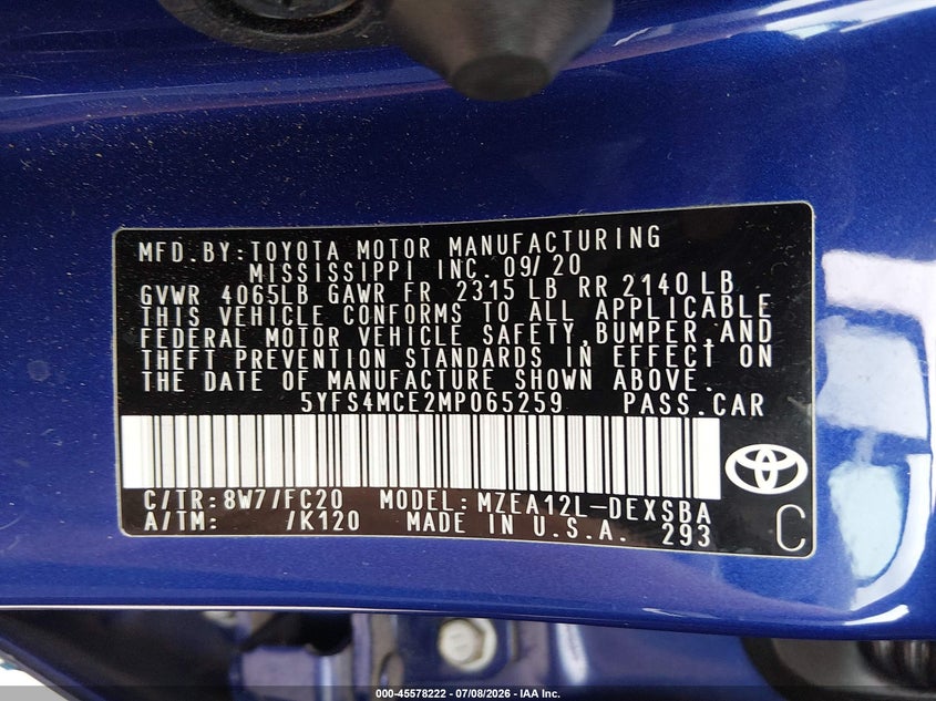 2021 Toyota Corolla VIN 5YFS4MCE2MP065259 IAAI salvage auction — RIGHT SIDE, Salvage Title, sold $6,900 on 2026-07-29 (photo 9)