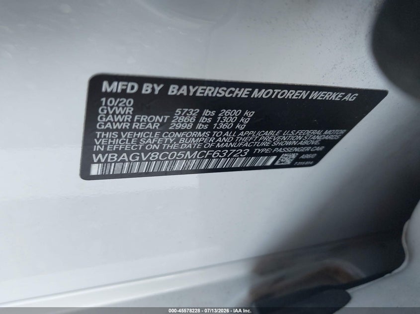 2021 BMW 8er VIN WBAGV8C05MCF63723 IAAI salvage auction — UNDERCARRIAGE, Salvage Title, sold $22,775 on 2026-09-03 (photo 9)