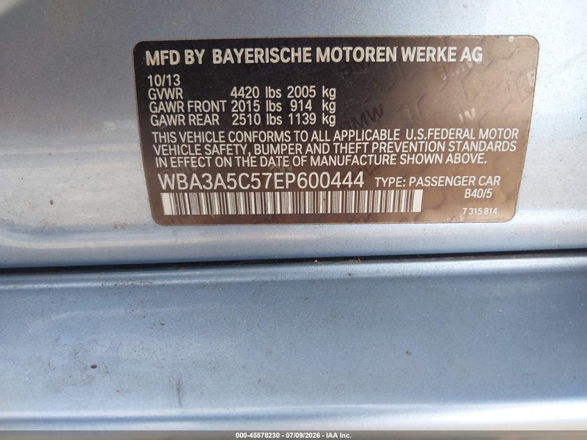 2014 BMW 3 series VIN WBA3A5C57EP600444 IAAI salvage auction — NORMAL WEAR, Repossession Paperwork (Georgia), sold $350 on 2026-08-10 (photo 9)