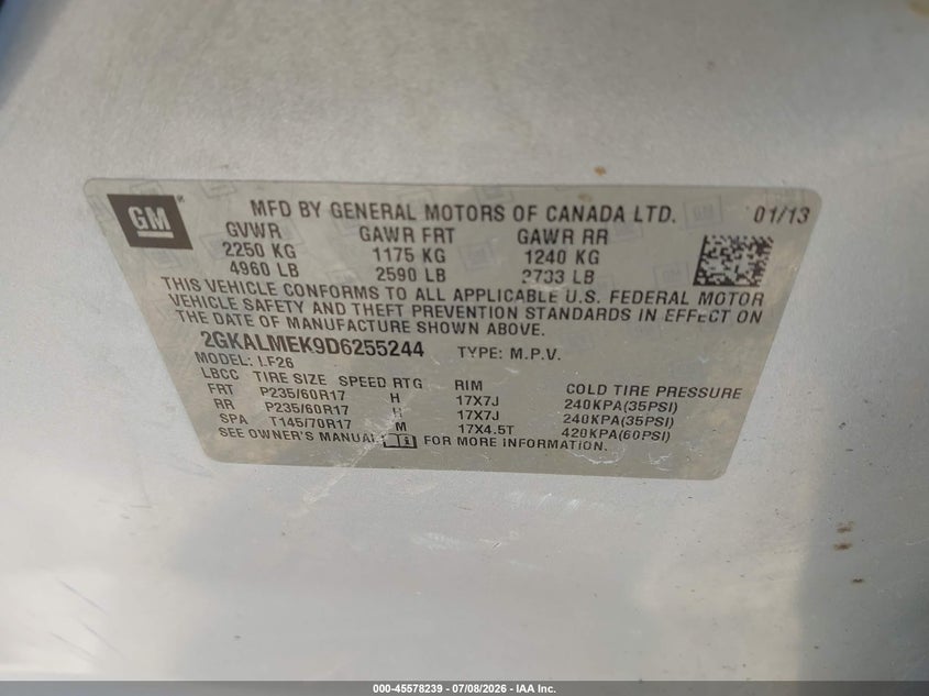 2013 Gmc Terrain VIN 2GKALMEK9D6255244 IAAI salvage auction — FRONT END, Salvage Title, sold $450 on 2026-09-05 (photo 9)