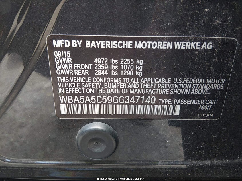 2016 BMW 5er VIN WBA5A5C59GG347140 IAAI salvage auction — UNKNOWN, Salvage Title, sold $3,500 on 2026-07-20 (photo 9)