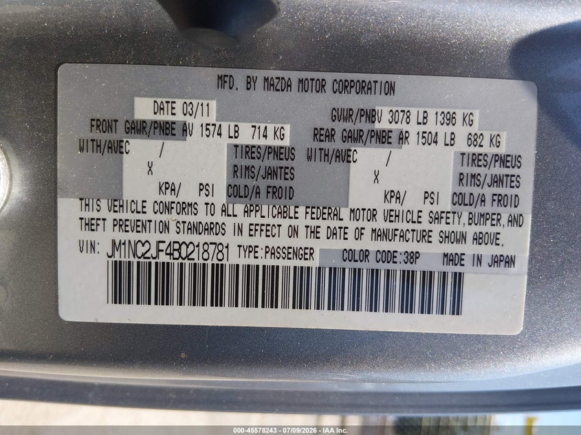 2011 Mazda Mx-5 miata VIN JM1NC2JF4B0218781 IAAI salvage auction — RIGHT REAR, Salvage (Connecticut), sold $975 on 2026-07-23 (photo 9)