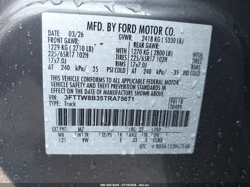 2026 Ford Maverick VIN 3FTTW8B35TRA75671 IAAI salvage auction — FRONT & REAR, Wait Title, sold $7,100 on 2026-08-28 (photo 9)
