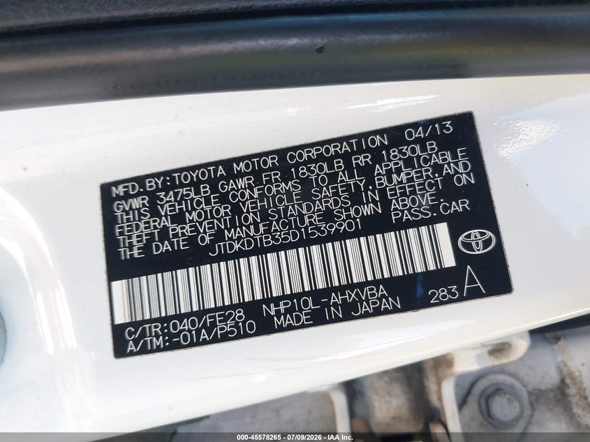 2013 Toyota Prius c VIN JTDKDTB35D1539901 IAAI salvage auction — LEFT SIDE, Salvage Title, sold $2,000 on 2026-07-30 (photo 9)