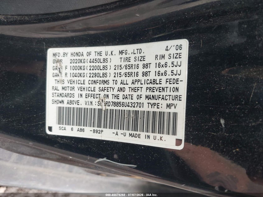 2006 Honda Cr-v VIN SHSRD78856U432701 IAAI salvage auction — NORMAL WEAR, Clear (New York), sold $650 on 2026-07-28 (photo 9)