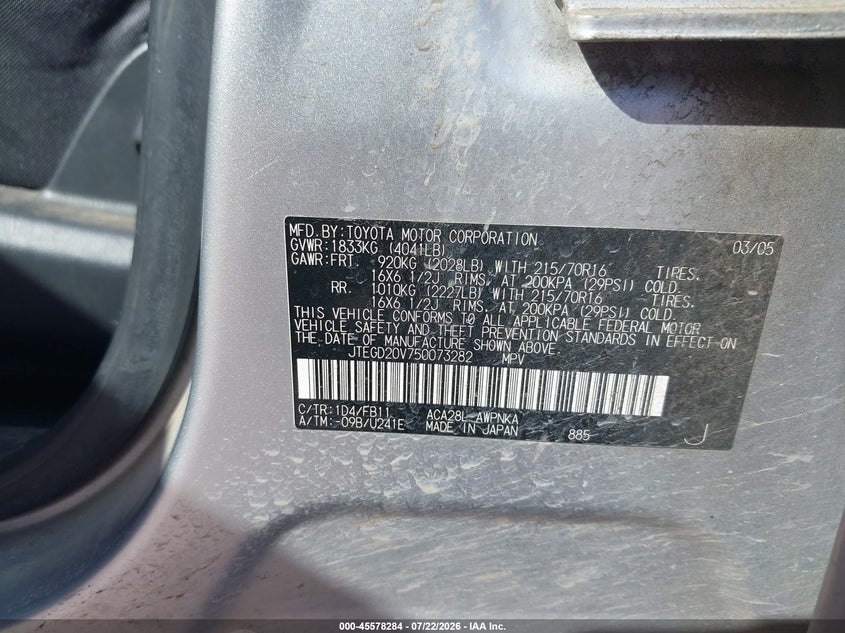 2005 Toyota Rav4 VIN JTEGD20V750073282 IAAI salvage auction — NORMAL WEAR, Clear - Dealer Only (California), sold $600 on 2026-07-28 (photo 9)