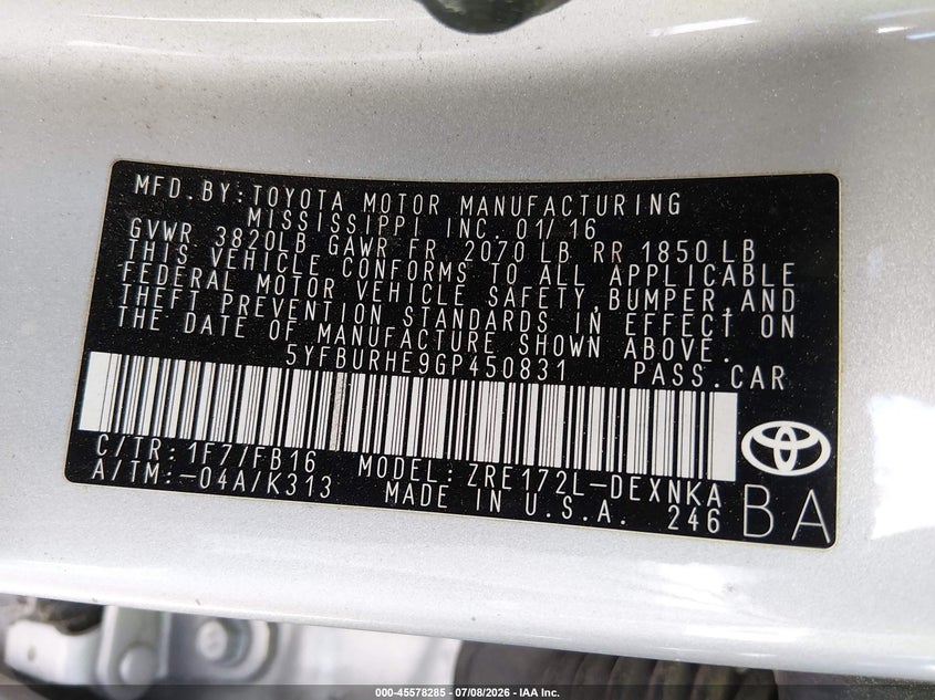 2016 Toyota Corolla VIN 5YFBURHE9GP450831 IAAI salvage auction — NORMAL WEAR, Regular (Nevada), sold $1,575 on 2026-07-24 (photo 9)