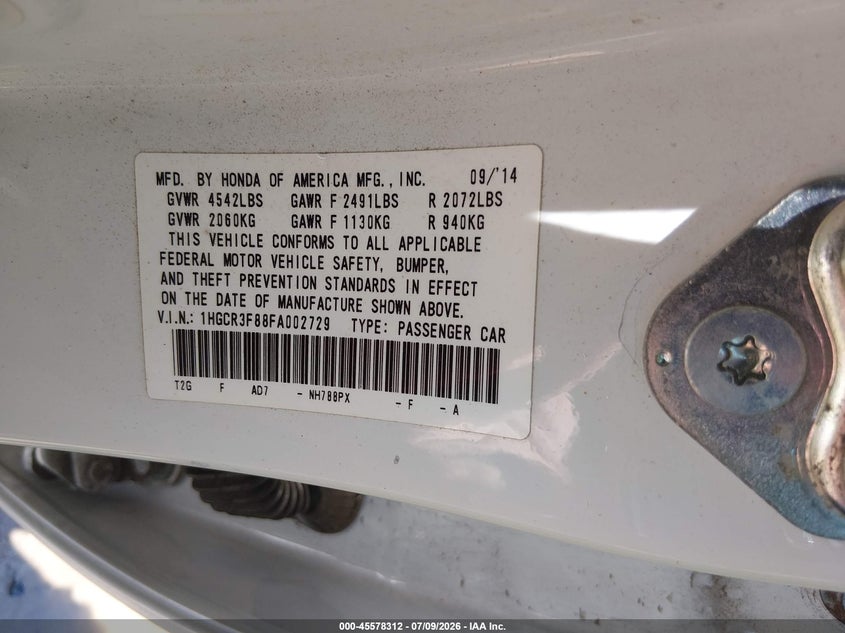 2015 Honda Accord VIN 1HGCR3F88FA002729 IAAI salvage auction — LEFT SIDE, Salvage (Kansas), sold $4,300 on 2026-07-31 (photo 9)