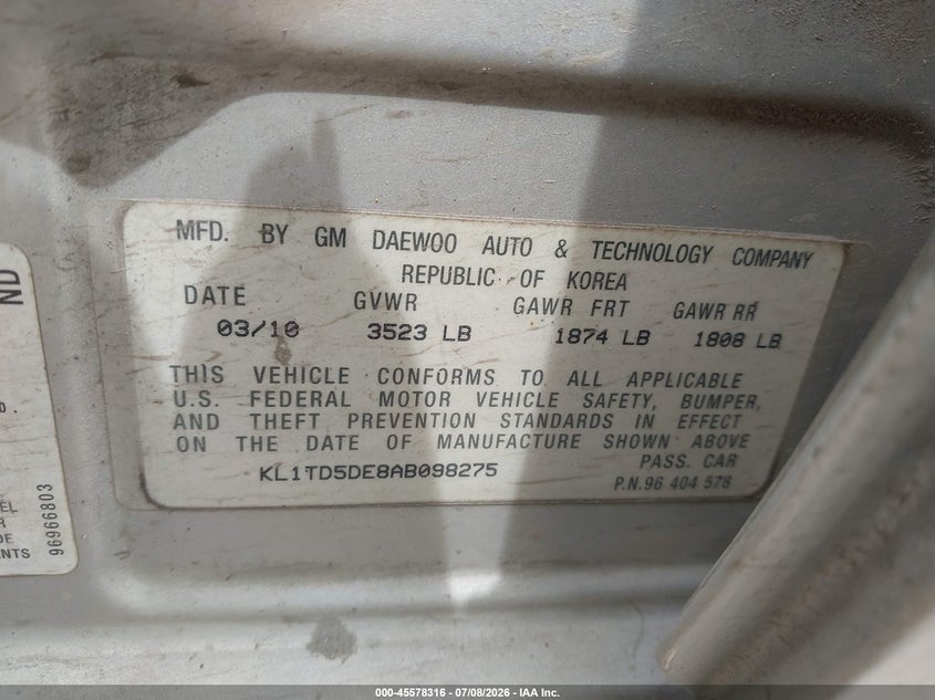 2010 Chevrolet Aveo VIN KL1TD5DE8AB098275 IAAI salvage auction — FRONT END, Salvage (Texas), sold $125 on 2026-07-28 (photo 9)