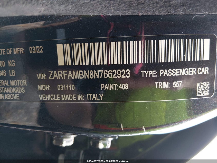 2022 Alfa romeo Giulia VIN ZARFAMBN8N7662923 IAAI salvage auction — FRONT END, Salvage Title, sold $10,100 on 2026-08-19 (photo 9)