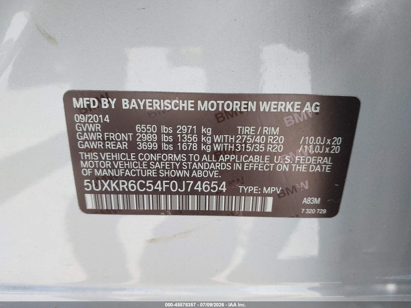 2015 BMW X5 VIN 5UXKR6C54F0J74654 IAAI salvage auction — NORMAL WEAR, Clear - Dealer Only (California), sold $2,000 on 2026-07-27 (photo 9)