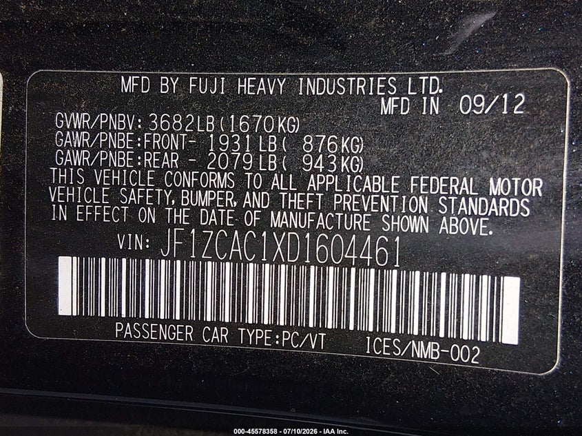2013 Subaru Brz VIN JF1ZCAC1XD1604461 IAAI salvage auction — FRONT END, Bill Of Sale (Washington), sold $3,100 on 2026-07-29 (photo 9)