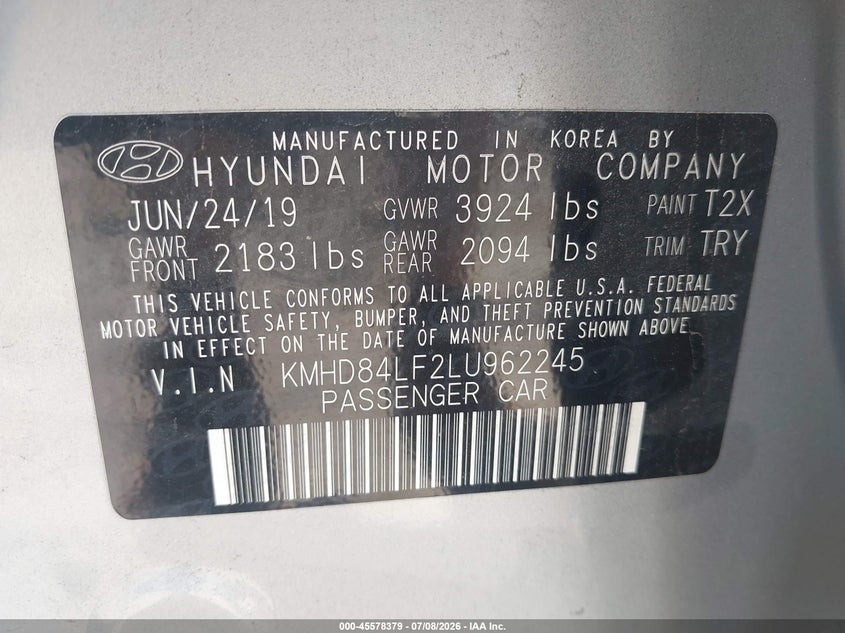 2020 Hyundai Elantra VIN KMHD84LF2LU962245 IAAI salvage auction — RIGHT FRONT, Salvage Title, sold $1,550 on 2026-07-28 (photo 9)