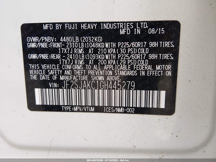 2016 Subaru Forester VIN JF2SJAKC1GH445279 IAAI salvage auction — RIGHT FRONT, Clear (Massachusetts), sold $25 on 2026-07-22 (photo 9)