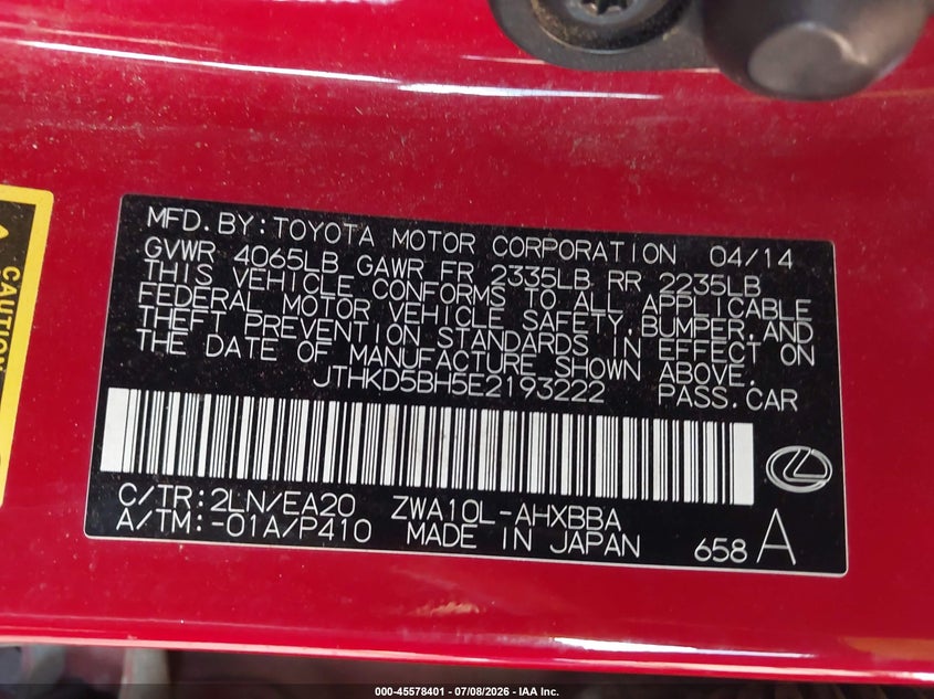 2014 Lexus Ct 200h VIN JTHKD5BH5E2193222 IAAI salvage auction — FRONT END, Clear (Alabama), sold $3,200 on 2026-07-24 (photo 9)