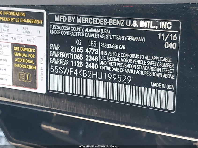 2017 Mercedes-benz C class VIN 55SWF4KB2HU199529 IAAI salvage auction — NORMAL WEAR, Clear (New Jersey), sold $1,800 on 2026-07-20 (photo 9)