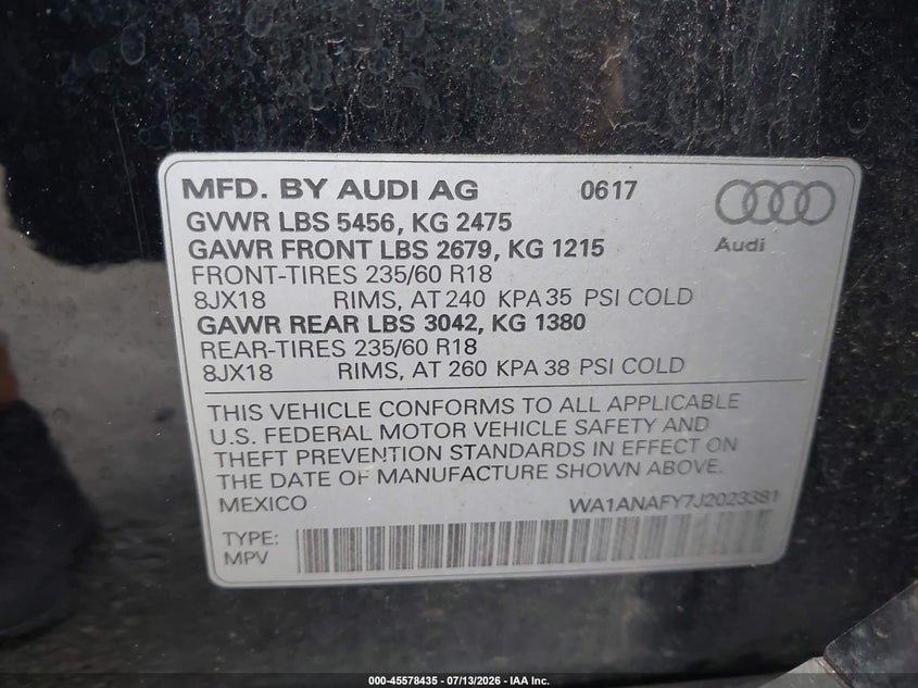 2018 Audi Q5 VIN WA1ANAFY7J2023381 IAAI salvage auction — NORMAL WEAR, Clear (North Carolina), sold $4,550 on 2026-07-30 (photo 9)