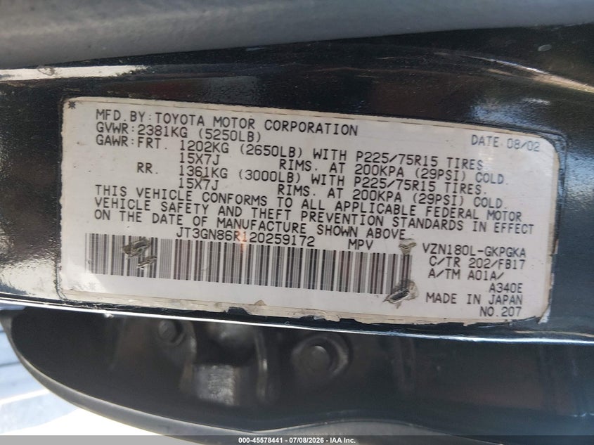 2002 Toyota 4runner VIN JT3GN86R120259172 IAAI salvage auction — REAR END, Salvage (California), sold $925 on 2026-07-23 (photo 9)