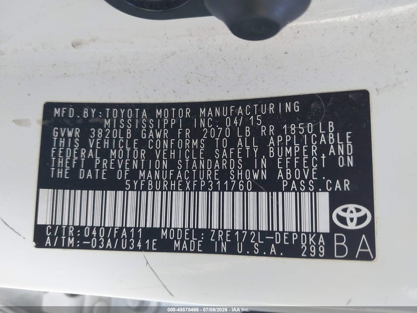 2015 Toyota Corolla VIN 5YFBURHEXFP311760 IAAI salvage auction — RIGHT FRONT, Wait Title, sold $1,600 on 2026-08-03 (photo 9)