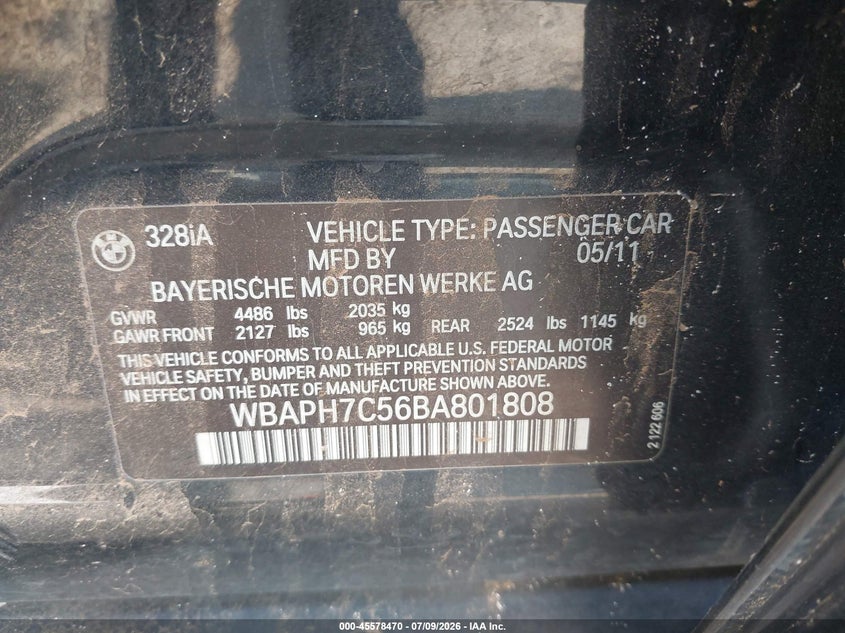 2011 BMW 3 series VIN WBAPH7C56BA801808 IAAI salvage auction — NORMAL WEAR, Original (Texas), sold $275 on 2026-07-28 (photo 9)