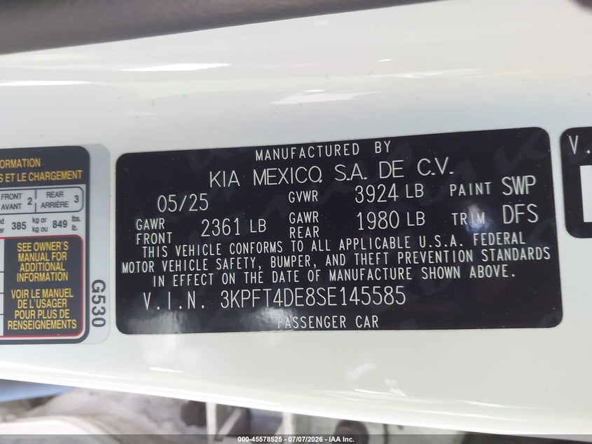 2025 Kia K4 VIN 3KPFT4DE8SE145585 IAAI salvage auction — REAR END, Salvage Title, sold $9,100 on 2026-07-29 (photo 9)