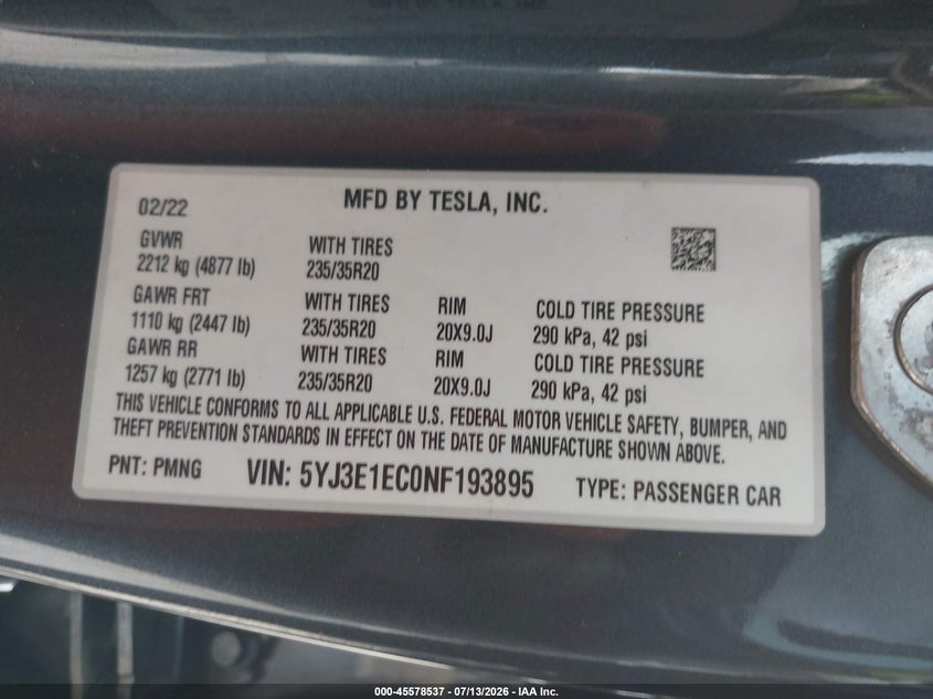 2022 Tesla Model 3 VIN 5YJ3E1EC0NF193895 IAAI salvage auction — LEFT FRONT, Rebuildable (Florida), sold $8,000 on 2026-07-30 (photo 9)