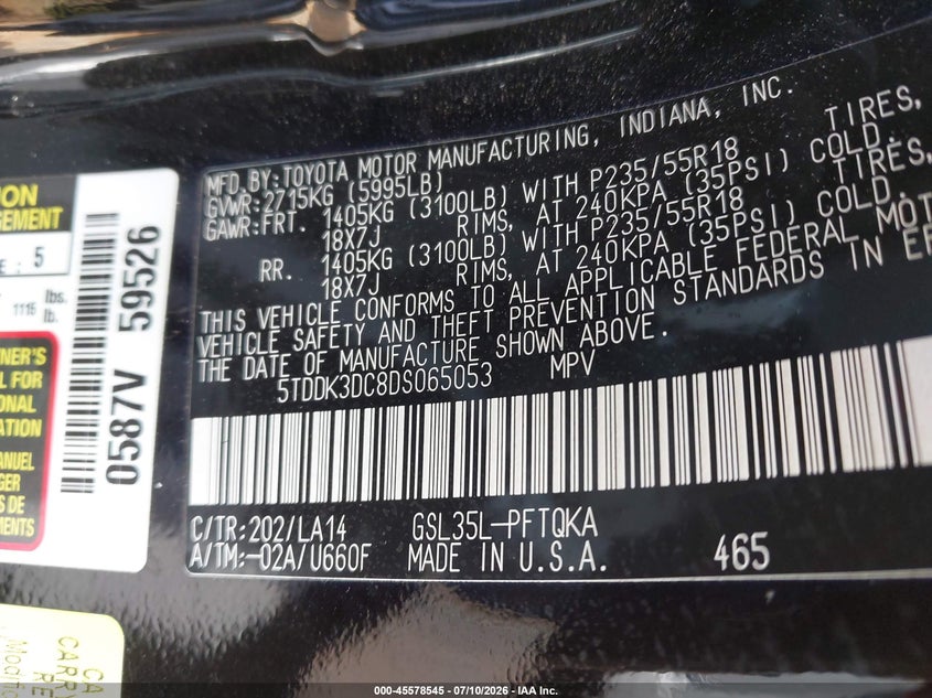 2013 Toyota Sienna VIN 5TDDK3DC8DS065053 IAAI salvage auction — SIDE, Salvage (Virginia), sold $2,600 on 2026-07-17 (photo 9)