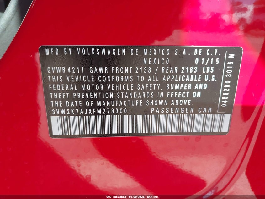 2015 Volkswagen Jetta VIN 3VW2K7AJXFM278300 IAAI salvage auction — REAR END, Wait Title, sold $1,600 on 2026-09-15 (photo 9)