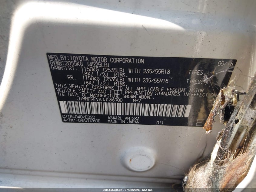 2018 Toyota Rav 4 VIN JTMNFREV8JJ186900 IAAI salvage auction — EXTERIOR BURN, Bill Of Sale (Georgia), sold $25 on 2026-07-29 (photo 9)