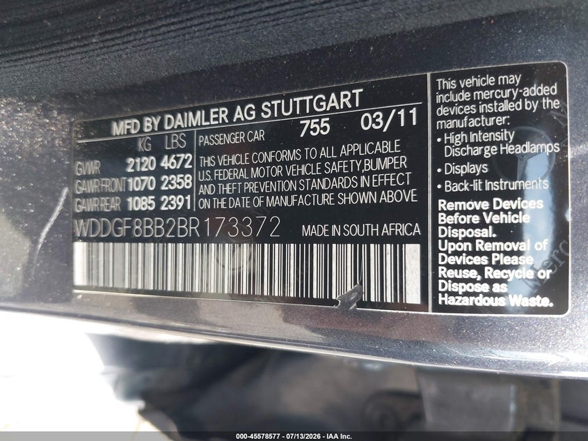 2011 Mercedes-benz C-klasse VIN WDDGF8BB2BR173372 IAAI salvage auction — LEFT FRONT, Clear (Virginia), sold $775 on 2026-08-14 (photo 9)