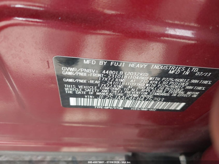 2014 Subaru Forester VIN JF2SJAAC4EH475293 IAAI salvage auction — NORMAL WEAR, Clear (Colorado), sold $400 on 2026-07-21 (photo 9)