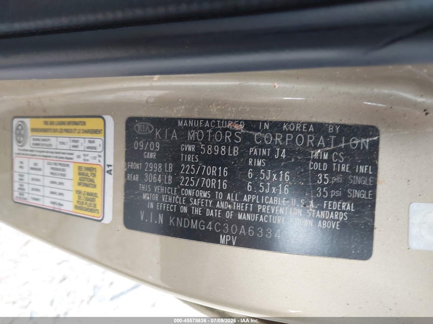 2010 Kia SEDONA VIN KNDMG4C30A6334327 IAAI salvage auction — NORMAL WEAR, Clear (Pennsylvania), sold $175 on 2026-07-14 (photo 9)