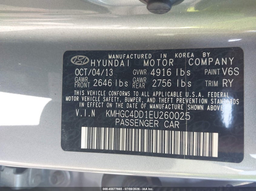 2014 Hyundai Genesis VIN KMHGC4DD1EU260025 IAAI salvage auction — NORMAL WEAR, Bill Of Sale (Georgia), sold $1,800 on 2026-07-23 (photo 9)