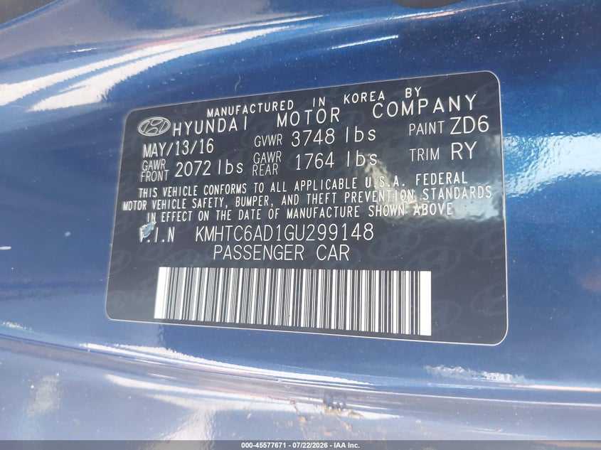 2016 Hyundai Veloster VIN KMHTC6AD1GU299148 IAAI salvage auction — NORMAL WEAR, Clear (Florida), sold $25 on 2026-07-29 (photo 9)