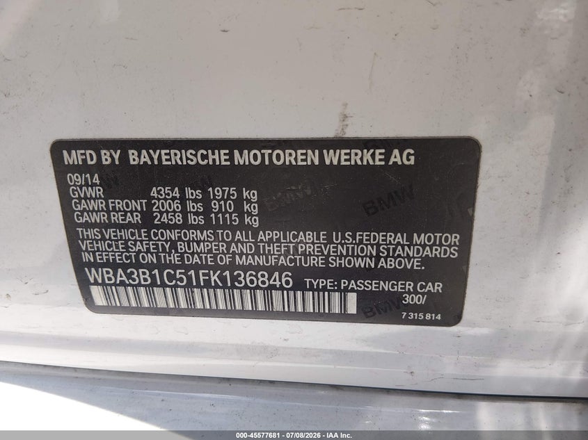 2015 BMW 3 series VIN WBA3B1C51FK136846 IAAI salvage auction — NORMAL WEAR, Original (Texas), sold $1,650 on 2026-08-12 (photo 9)