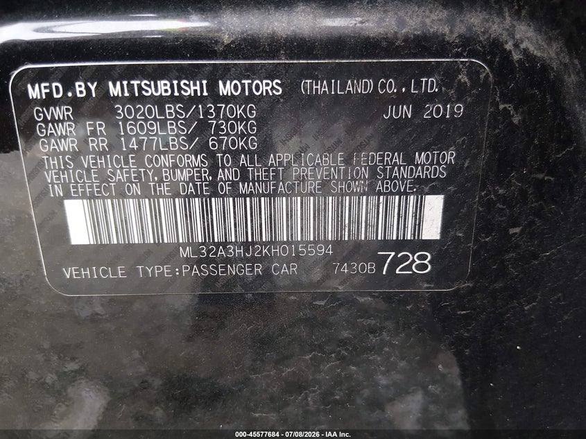 2019 Mitsubishi Mirage VIN ML32A3HJ2KH015594 IAAI salvage auction — REAR END, Clear (Virginia), sold $525 on 2026-07-30 (photo 9)