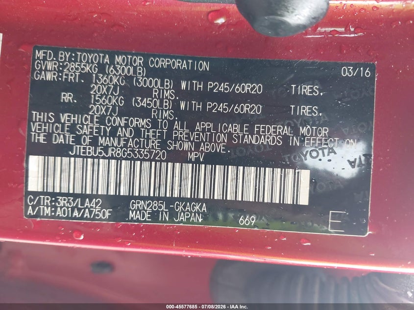 2016 Toyota 4runner VIN JTEBU5JR8G5335720 IAAI salvage auction — FRONT END, Salvage Title, sold $8,100 on 2026-07-30 (photo 9)