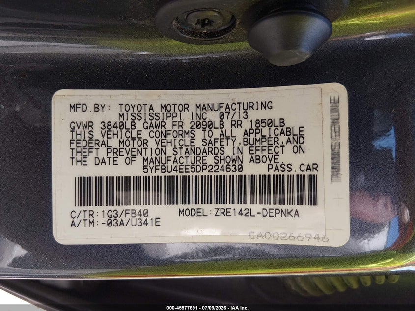 2013 Toyota Corolla VIN 5YFBU4EE5DP224630 IAAI salvage auction — FRONT END, Salvage (Connecticut), sold $1,750 on 2026-07-30 (photo 9)