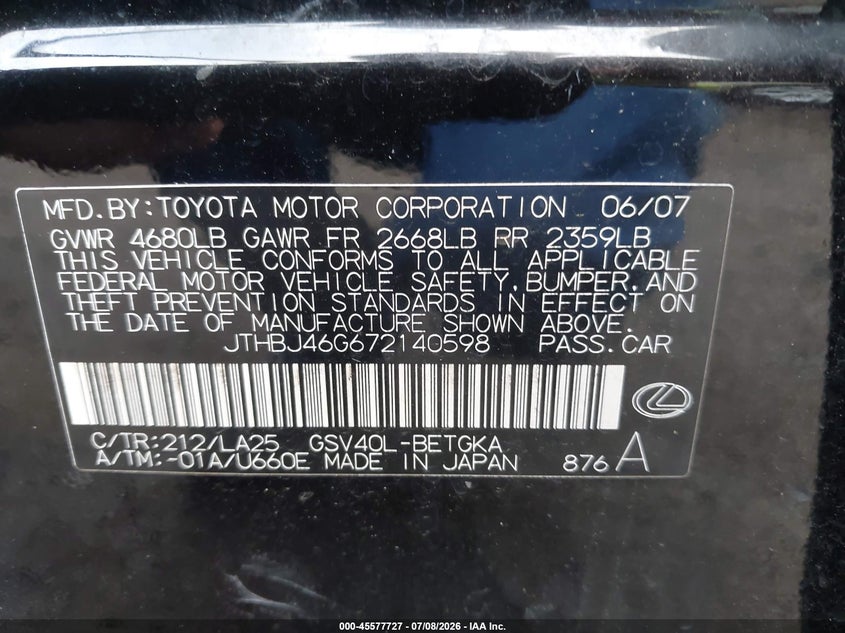 2007 Lexus Es 350 VIN JTHBJ46G672140598 IAAI salvage auction — NORMAL WEAR, Clear (Maryland), sold $725 on 2026-07-22 (photo 9)