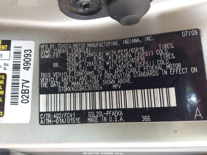 2010 Toyota Sienna VIN 5TDKK4CC8AS301954 IAAI salvage auction — NORMAL WEAR, Clear (Georgia), sold $575 on 2026-07-20 (photo 9)