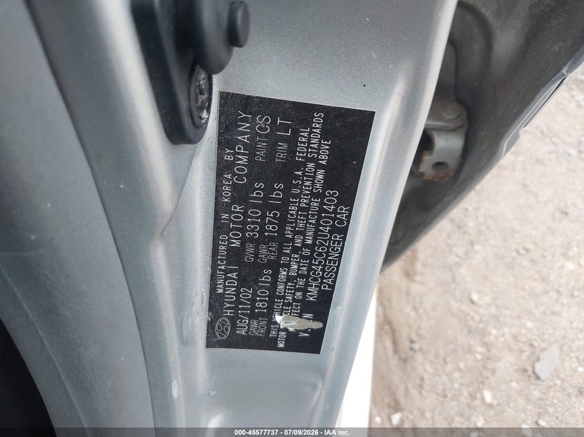 2002 Hyundai Accent VIN KMHCG45C62U401403 IAAI salvage auction — NORMAL WEAR, Clear (Pennsylvania), sold $475 on 2026-07-17 (photo 9)