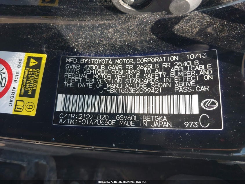 2014 Lexus ES VIN JTHBK1GG3E2099421 IAAI salvage auction — REAR END, Salvage Title, sold $3,300 on 2026-07-31 (photo 9)